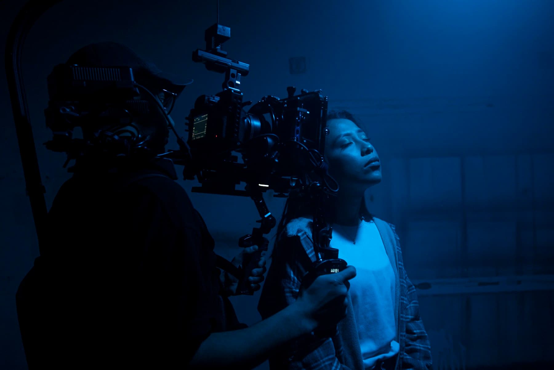 Camera operator filming a female performer on set